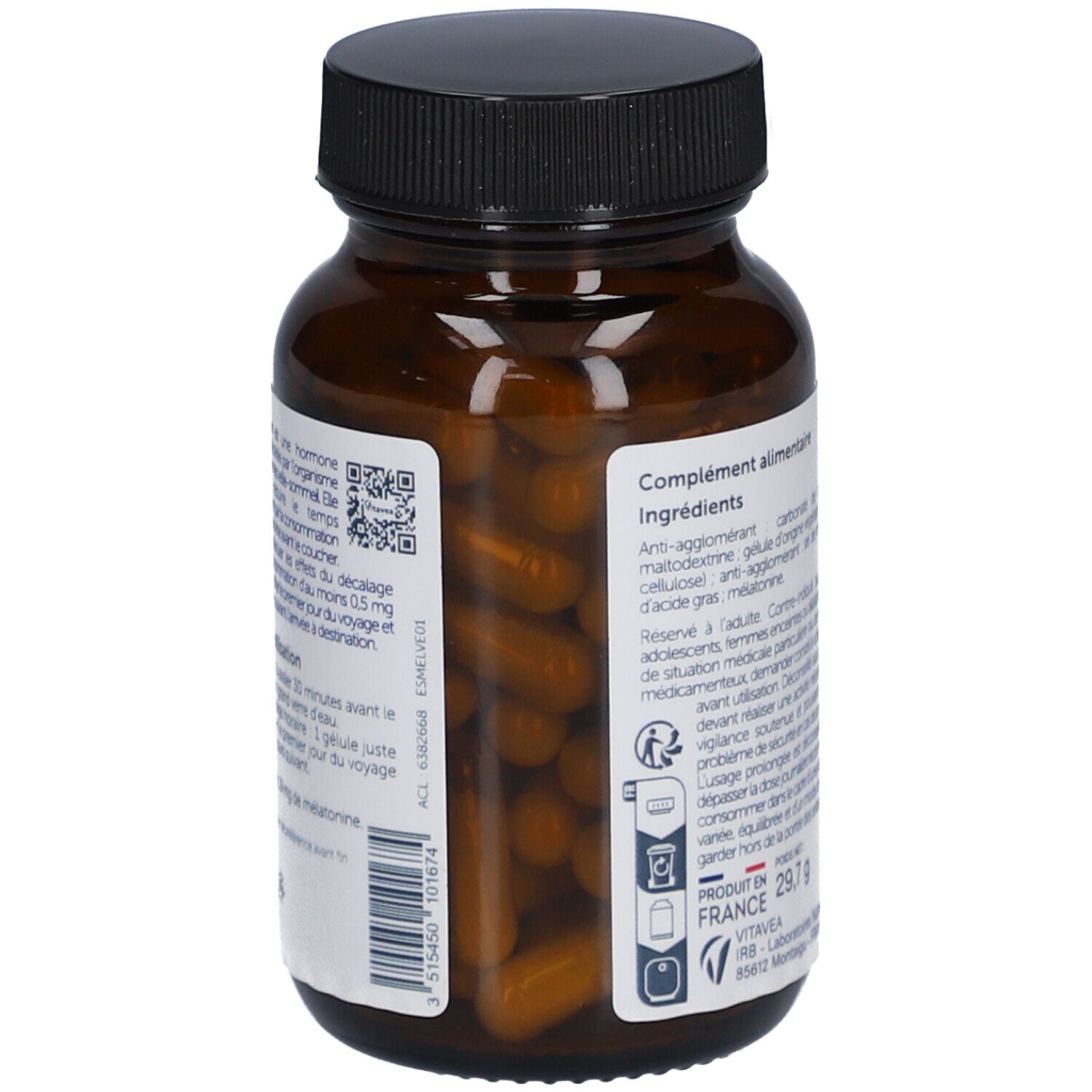 Flacon brun avec gélules. Dos avec ingrédients et informations fabricant. Code-barres.