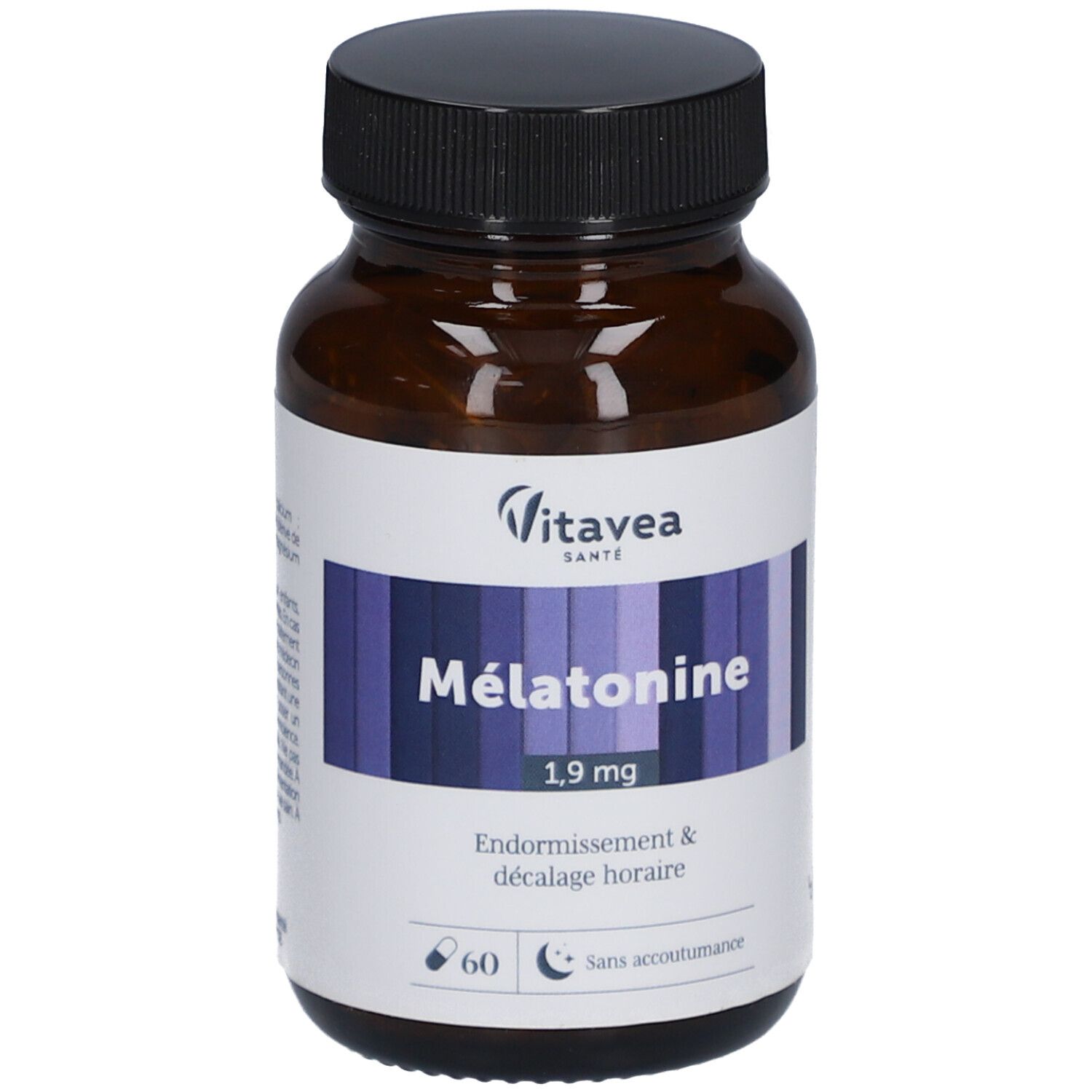 Flacon brun avec bouchon noir. Étiquette "Vitavea Santé Mélatonine 1,9 mg". 60 gélules.