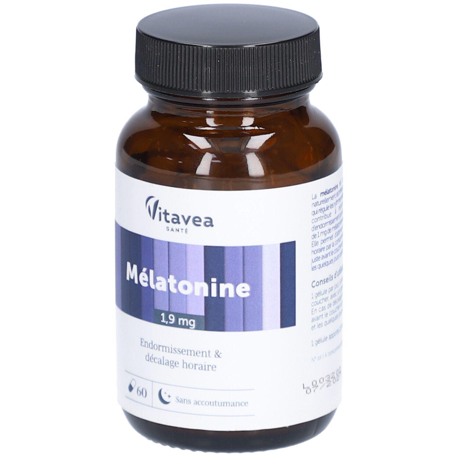 Flacon brun avec bouchon noir. Étiquette "Vitavea Santé Mélatonine 1,9 mg". 60 gélules.