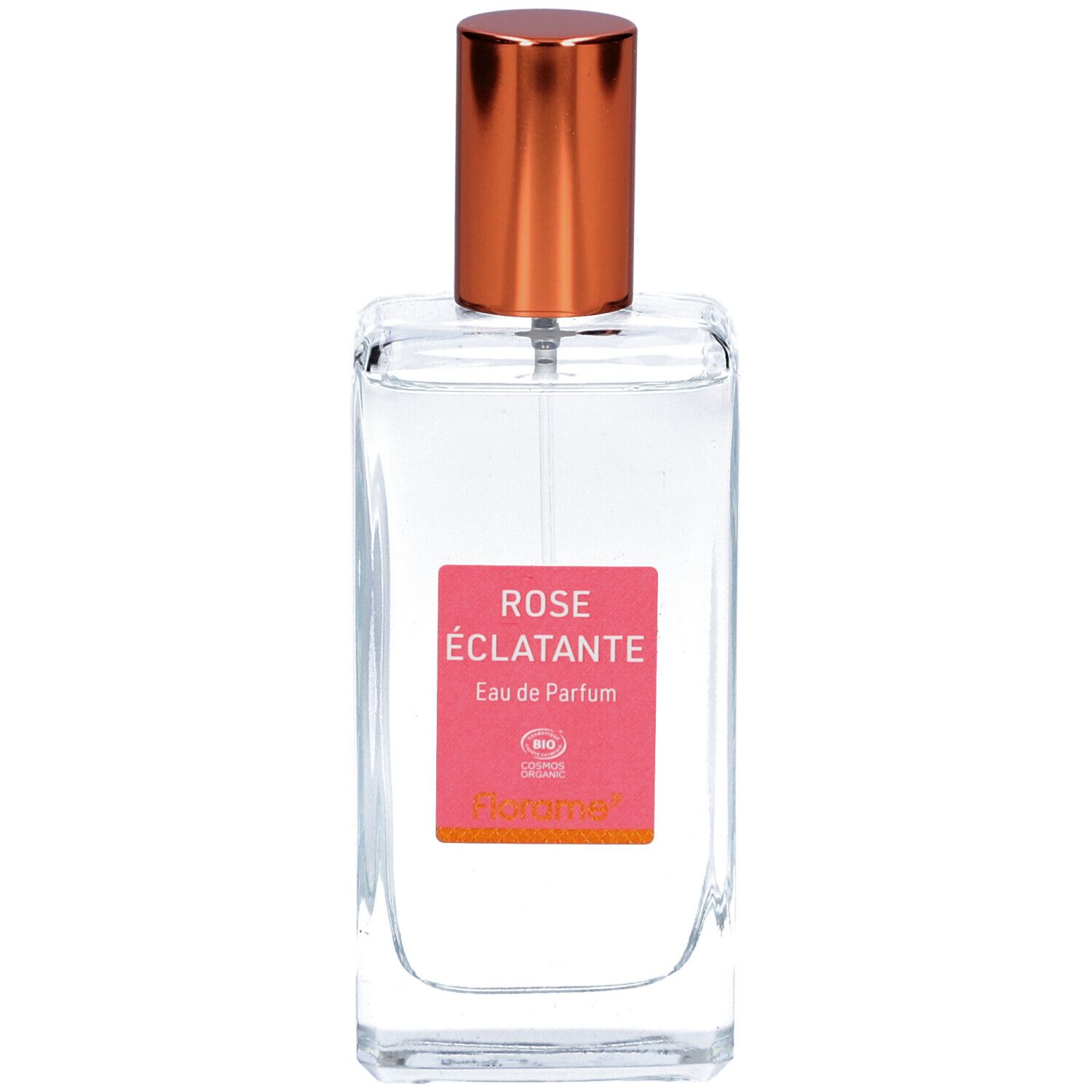 Flacon transparent avec bouchon cuivré. Étiquette rose avec texte. Certification bio.