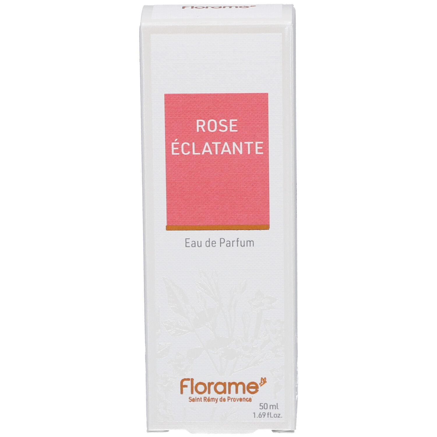 Emballage blanc avec rectangle rose et texte. Marque et certification bio.