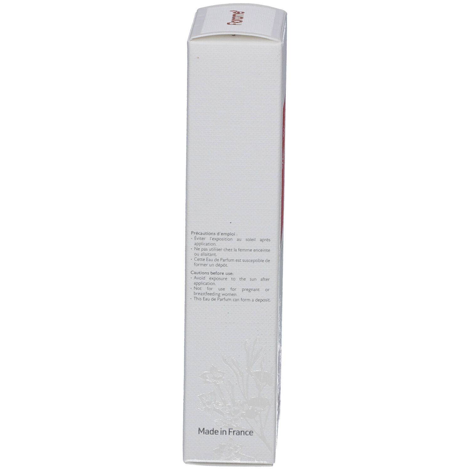 Emballage blanc, vue latérale. Texte et pays d'origine : Made in France.