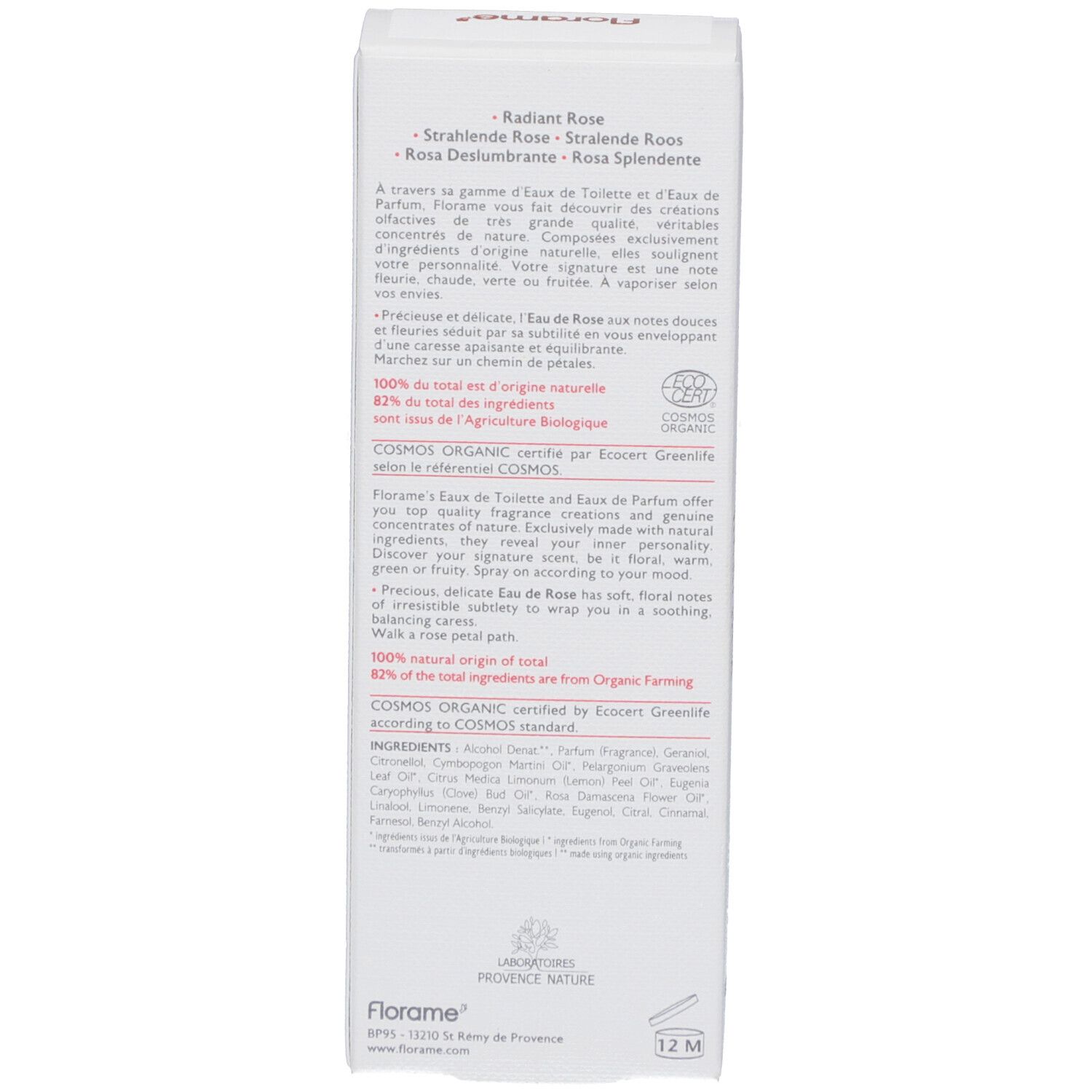 Emballage blanc, verso. Texte en plusieurs langues. Certification bio.