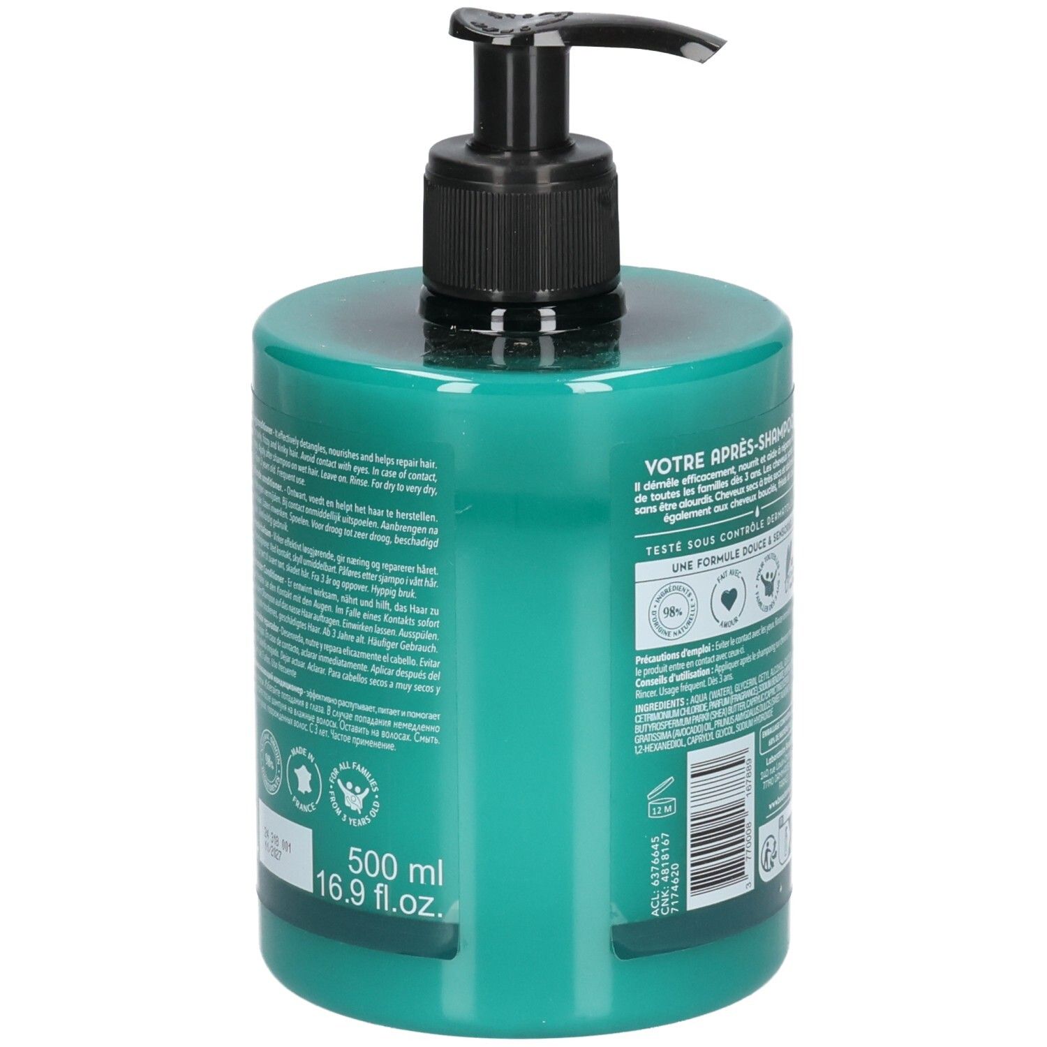 Flacon vert, dos. Texte: informations produit, ingrédients, volume 500 ml, 16.9 fl.oz.