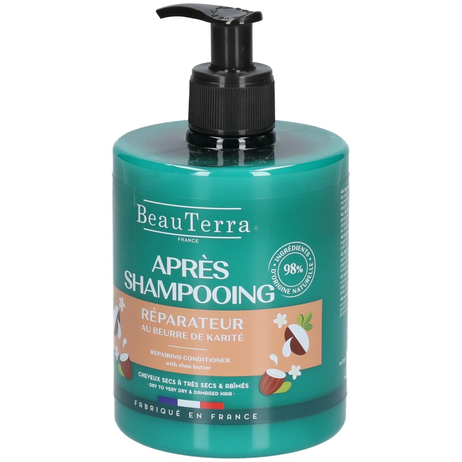 Flacon vert avec pompe noire. Inscription: Beauterra Après-shampooing réparateur, Réparateur au beurre de karité, 98% ingrédients naturels.
