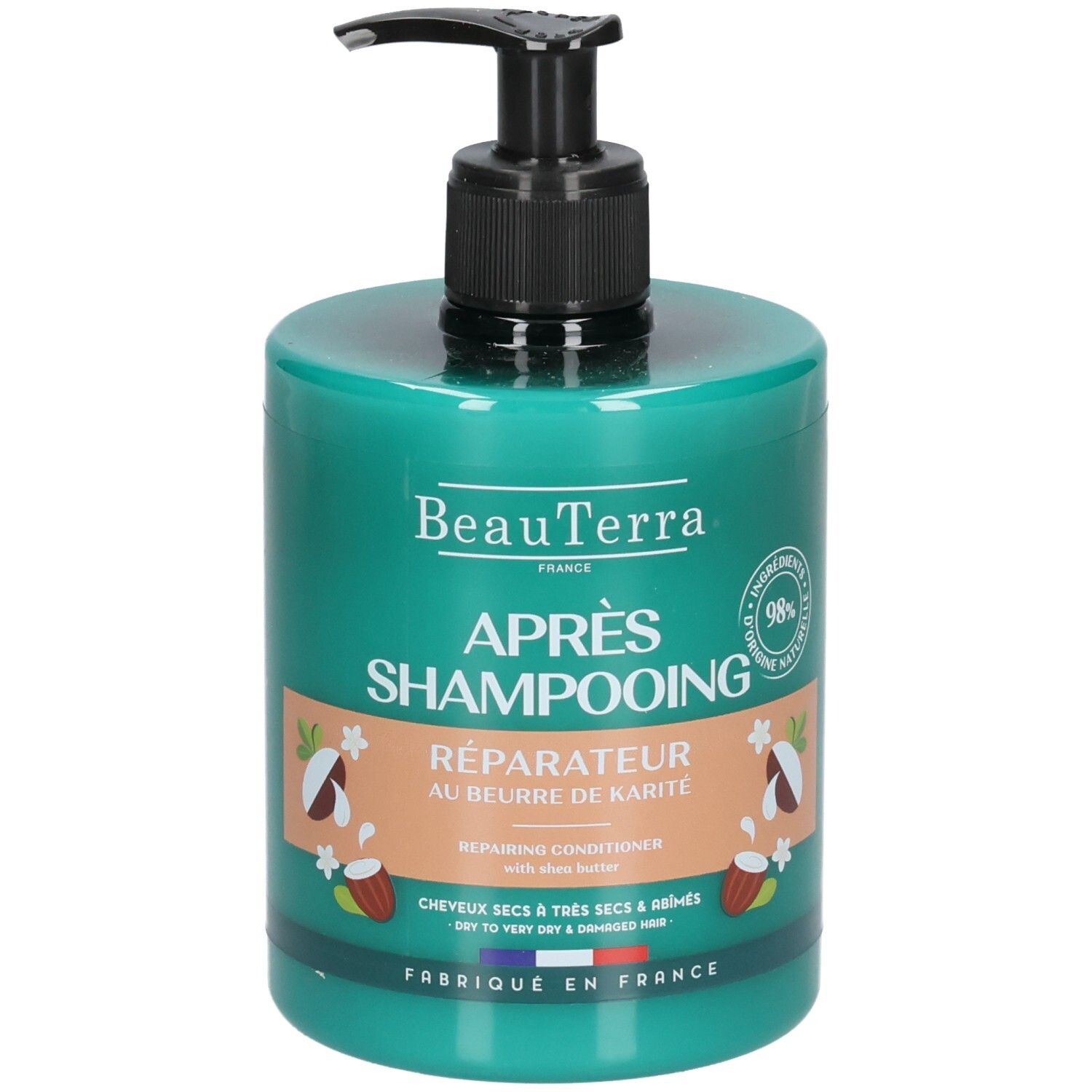 Flacon vert avec pompe noire. Inscription: Beauterra Après-shampooing réparateur, Réparateur au beurre de karité, 98% ingrédients naturels.