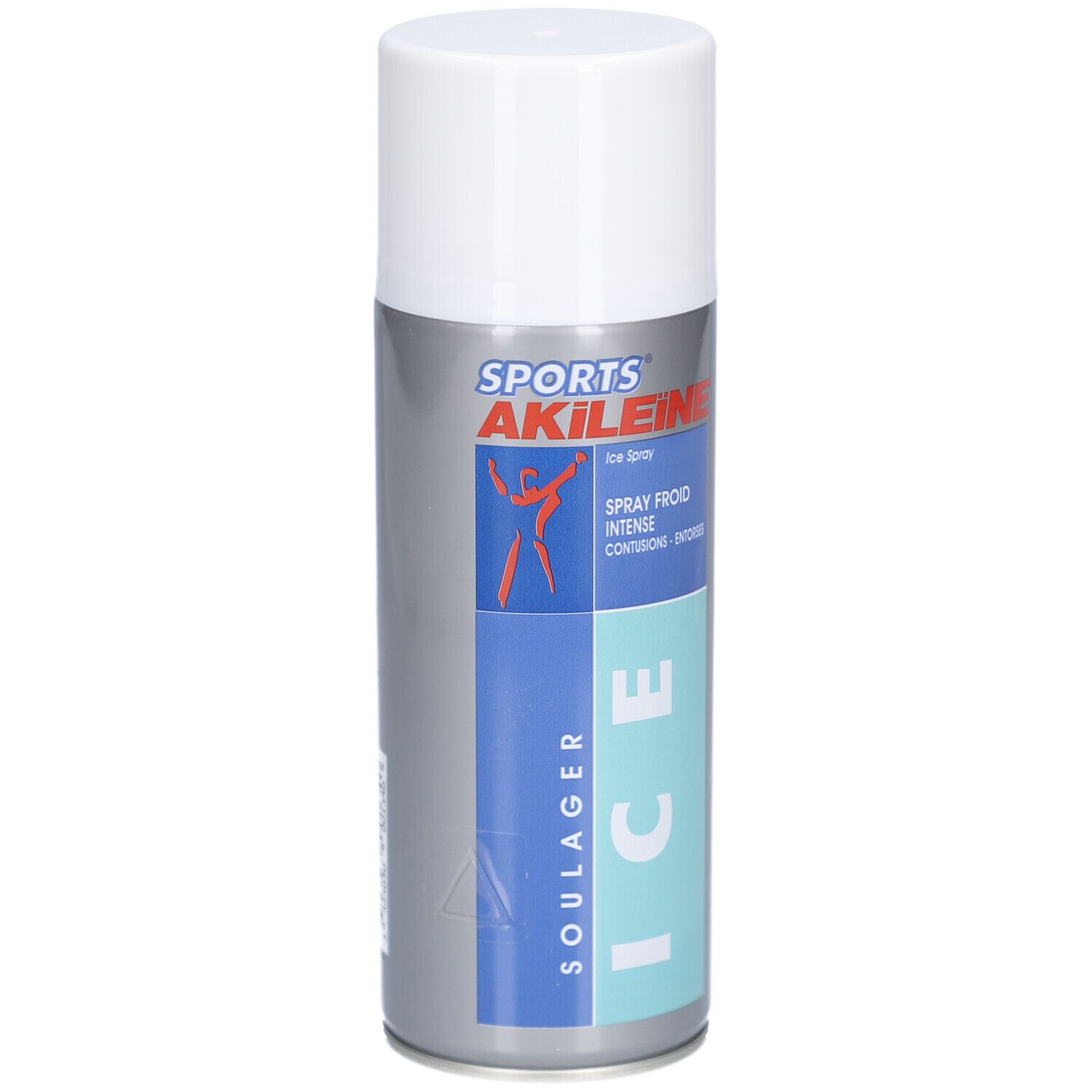 Spray SPORTS AKILEÏNE ICE, avec bouchon blanc. Design bleu et argenté. Logo rouge d'une silhouette sportive. Contenance visible.