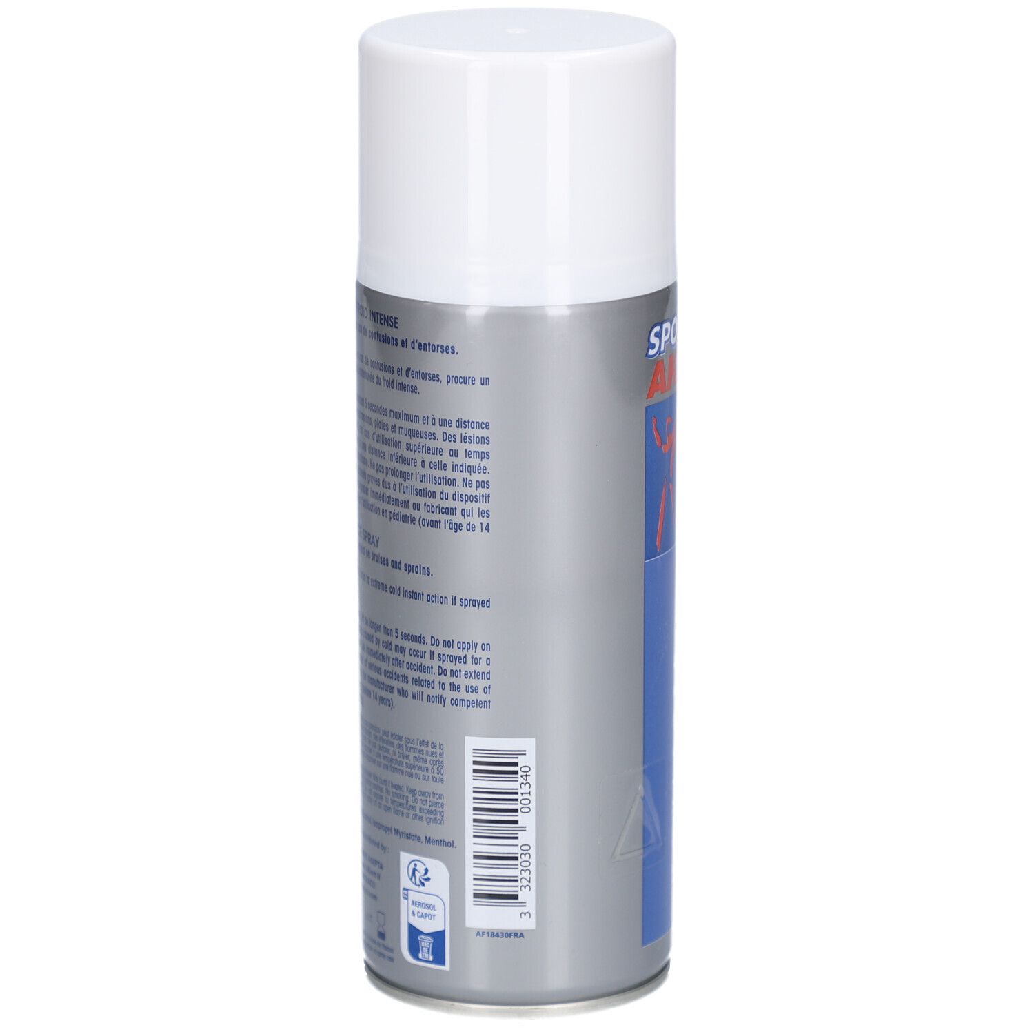 Dos du spray. Texte multilingue. Code-barres et avertissements. Design argenté et blanc.