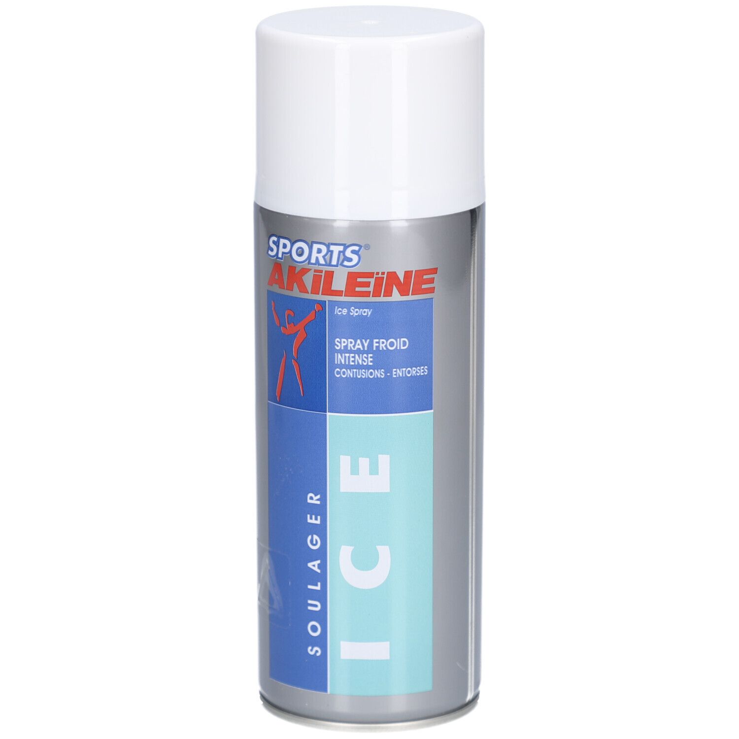 Spray SPORTS AKILEÏNE ICE, avec bouchon blanc. Design bleu et argenté. Logo rouge d'une silhouette sportive.