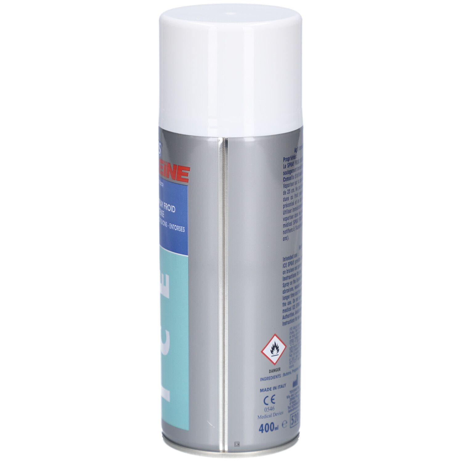 Spray SPORTS AKILEÏNE ICE, avec bouchon blanc. Design bleu et argenté. Logo rouge d'une silhouette sportive. Contenance 400ml.
