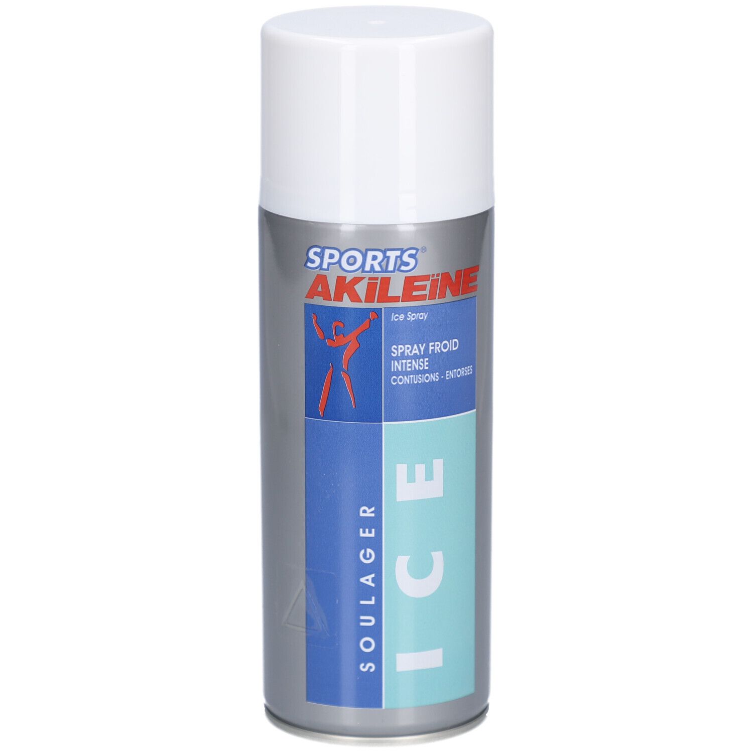 Spray SPORTS AKILEÏNE ICE, avec bouchon blanc. Design bleu et argenté. Logo rouge d'une silhouette sportive.