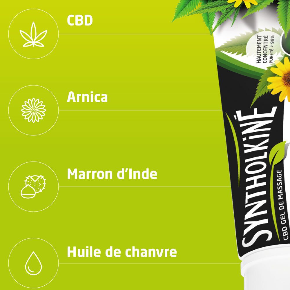 Tube de gel Syntholkiné CBD. Ingrédients : CBD, Arnica, Marron d'Inde, Huile de chanvre.