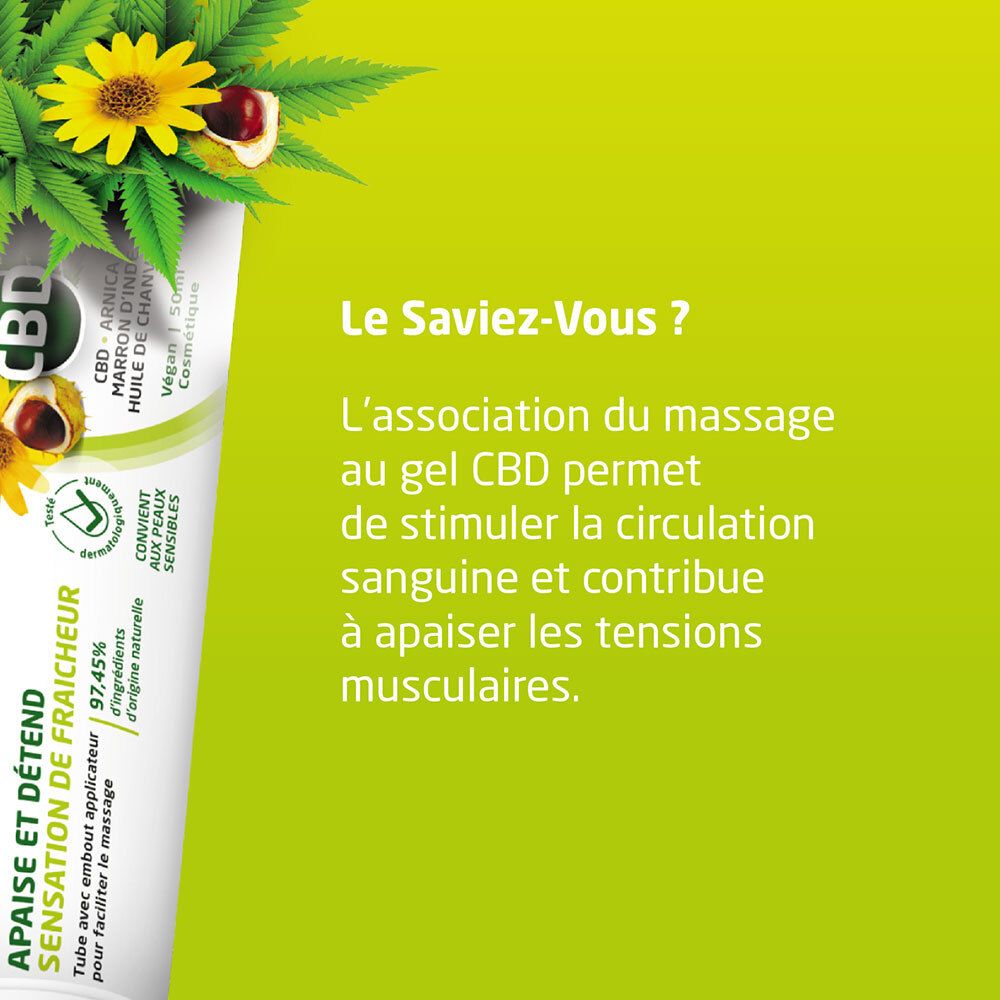 Texte : Le massage au gel CBD stimule la circulation et apaise les tensions musculaires.