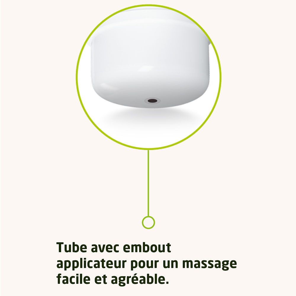 Tube avec embout applicateur. Contour vert autour du tube.