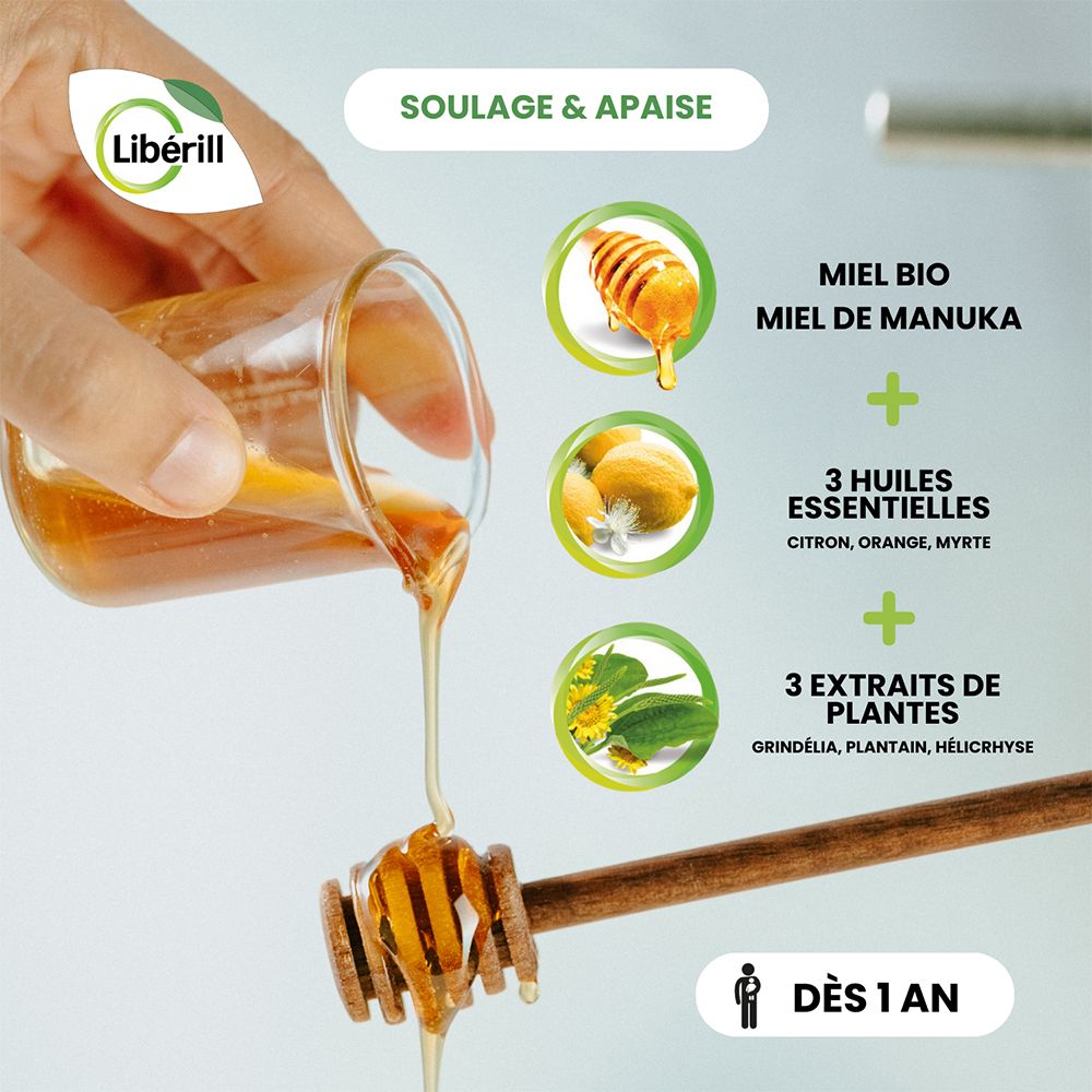 Ingrédients Libérill sirop: miel, 3 huiles essentielles, 3 extraits de plantes. Illustration des ingrédients.