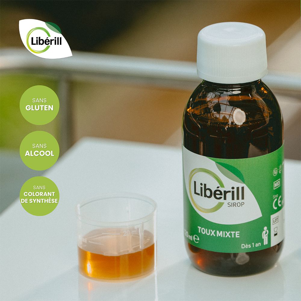 Flacon Libérill sirop toux mixte, gobelet doseur. Sans gluten, alcool, colorant. Dès 1 an.