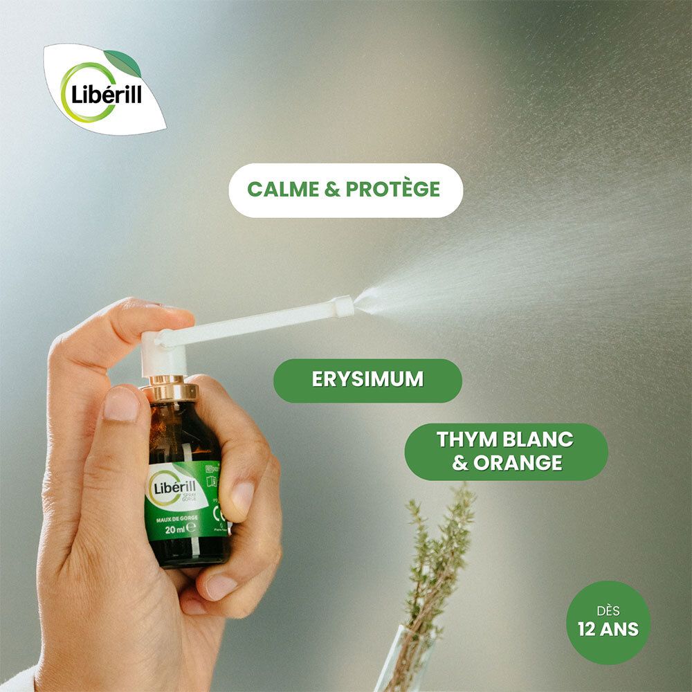 Flacon Liberill Spray Gorge. Texte: Calme & Protège, Erysimum, Thym blanc & Orange. Dès 12 ans. Vaporisation.