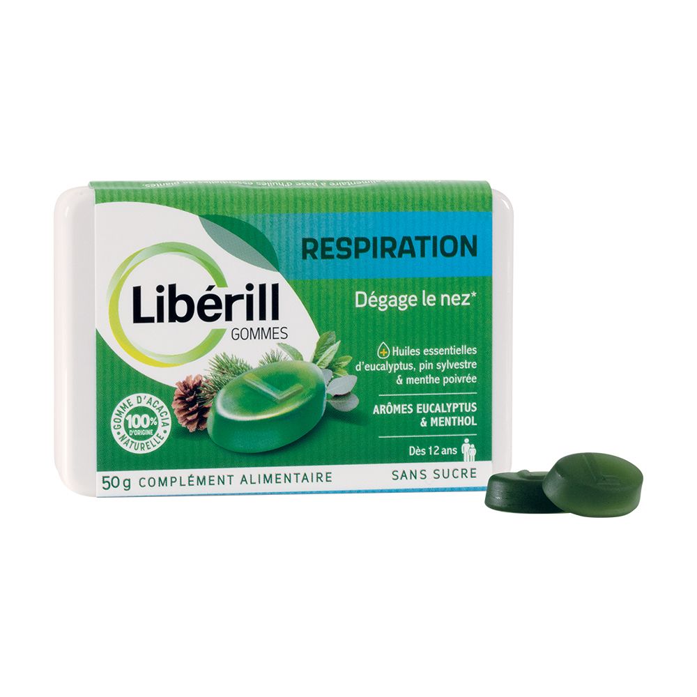 Boîte Libérill Gommes Respiration et pastilles vertes. Deux pastilles à côté. Texte : Respiration, Arômes eucalyptus & menthol.