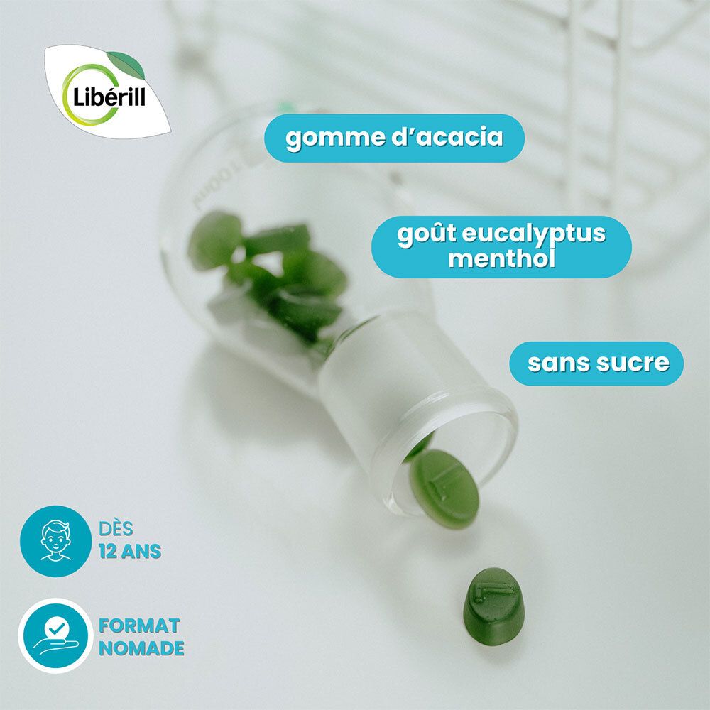 Bonbons verts Libérill. Texte: Gomme d'acacia, goût eucalyptus menthol, sans sucre. Dès 12 ans. Format Nomade.