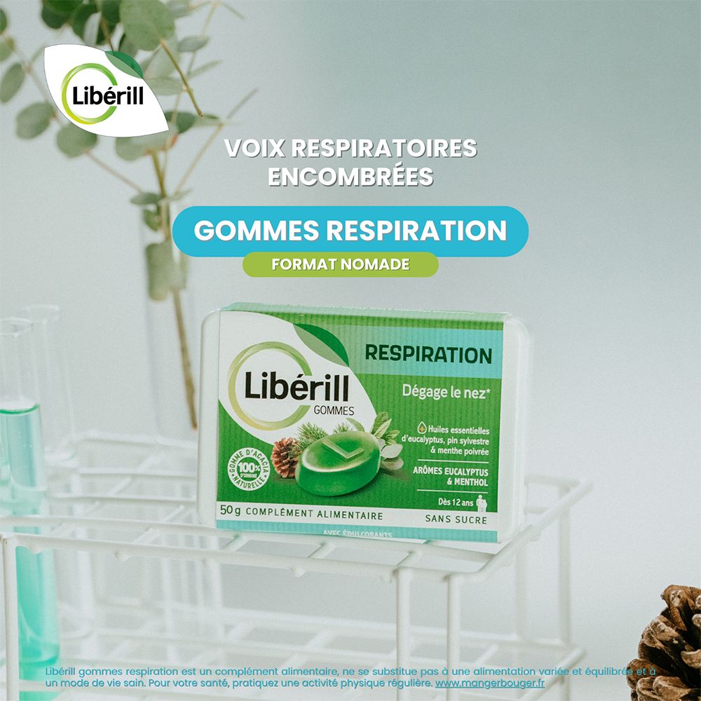 Produit en laboratoire. Inscription: Libérill, GOMMES RESPIRATION. Format Nomade. Texte: Voix respiratoires encombrées.