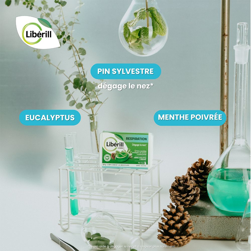 Environnement de laboratoire avec produit. Inscriptions: Libérill, Eucalyptus, Menthe poivrée, Pin sylvestre. Produit: Respiration.