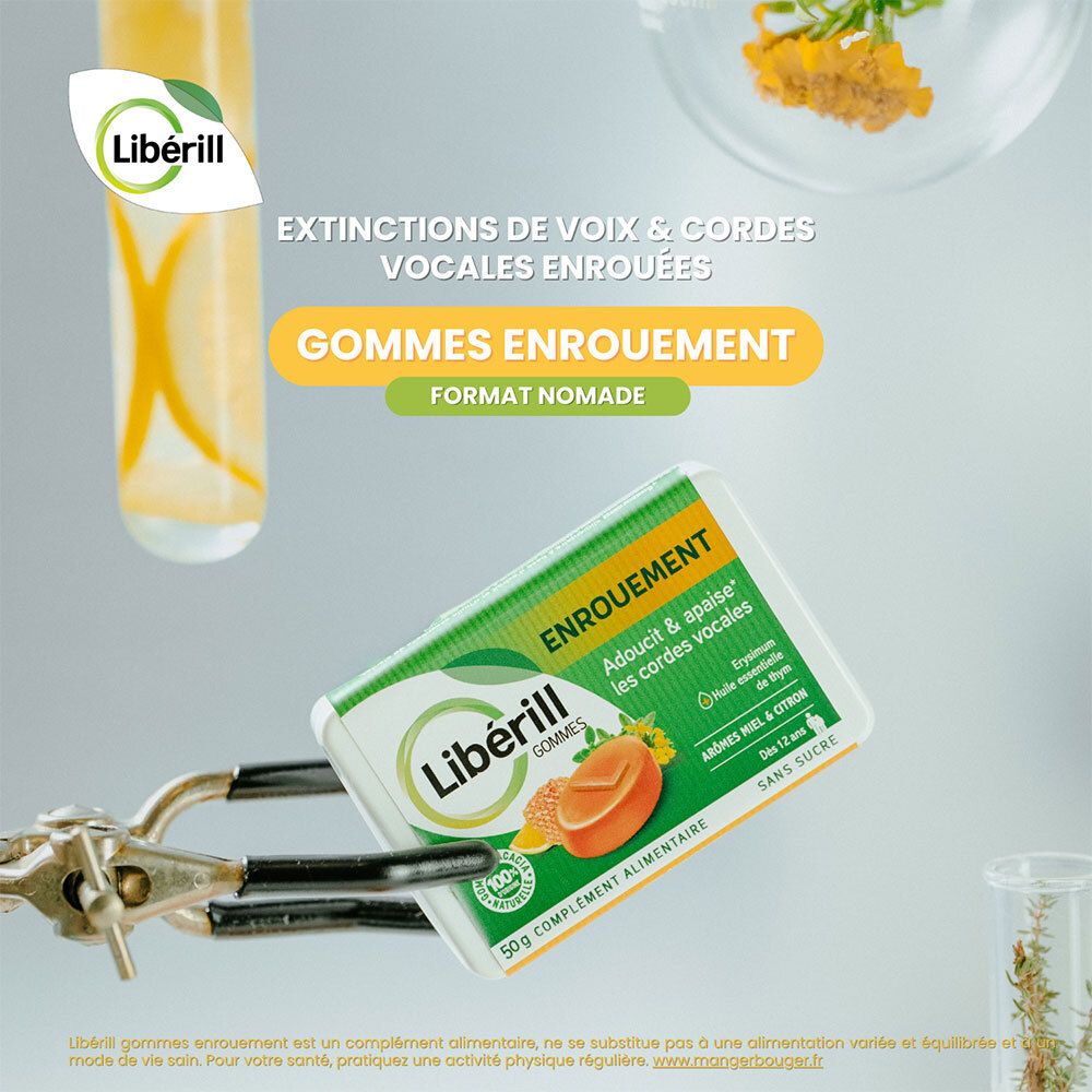 LIBERILL Enrouement. Récipients en verre avec liquide et herbes. Texte: Extinction de voix & cordes vocales enrouées. 50g.