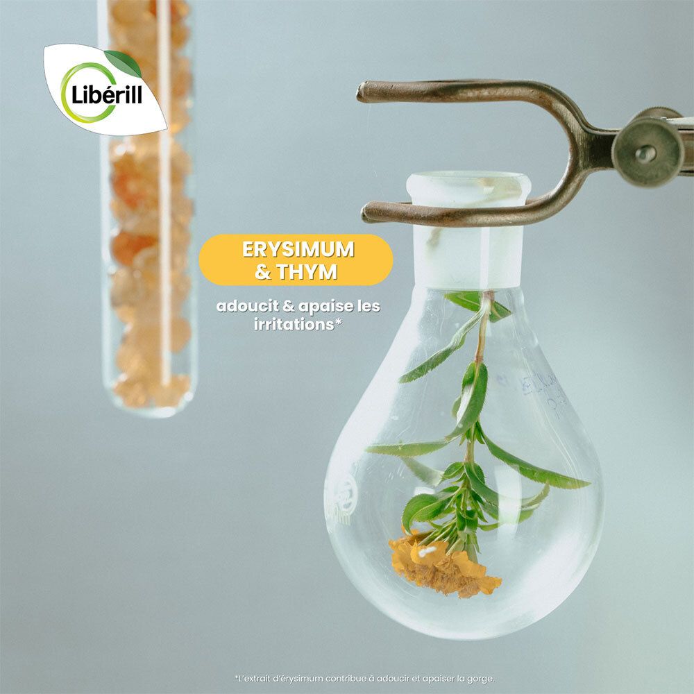 LIBERILL Enrouement. Récipients en verre avec liquide et herbes. Texte: Erysimum & Thym. Adoucit & apaise les irritations.
