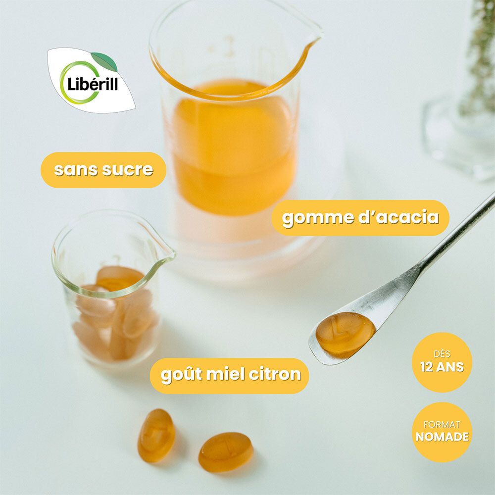 LIBERILL Enrouement. Récipients en verre avec liquide et gommes. Texte: sans sucre, goût miel citron, gomme d'acacia. Dès 12 ans.