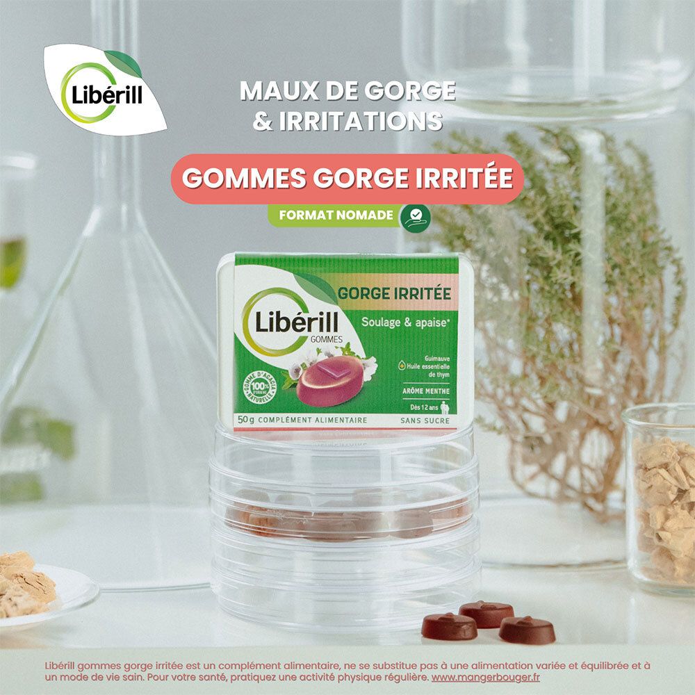 LIBERILL Gommes. Boîte de gommes. Texte: GORGE IRRITEE, FORMAT NOMADE. Arrière-plan: matériel de laboratoire et plantes.