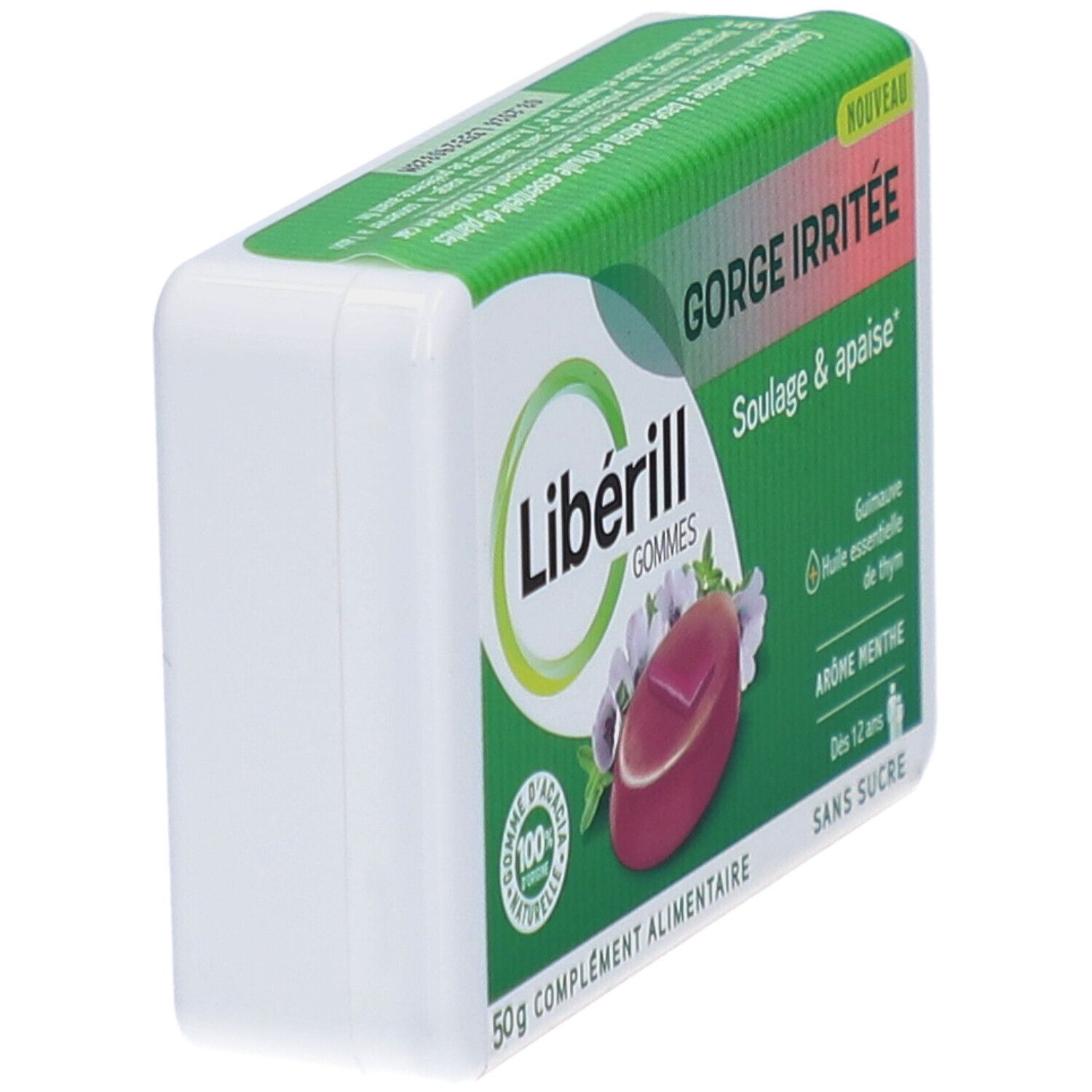 Boîte avec inscriptions vertes et rouges. Contient des pastilles. Inscriptions: LIBERILL, GORGE IRRITÉE, arômes, sans sucre. Emballage blanc.