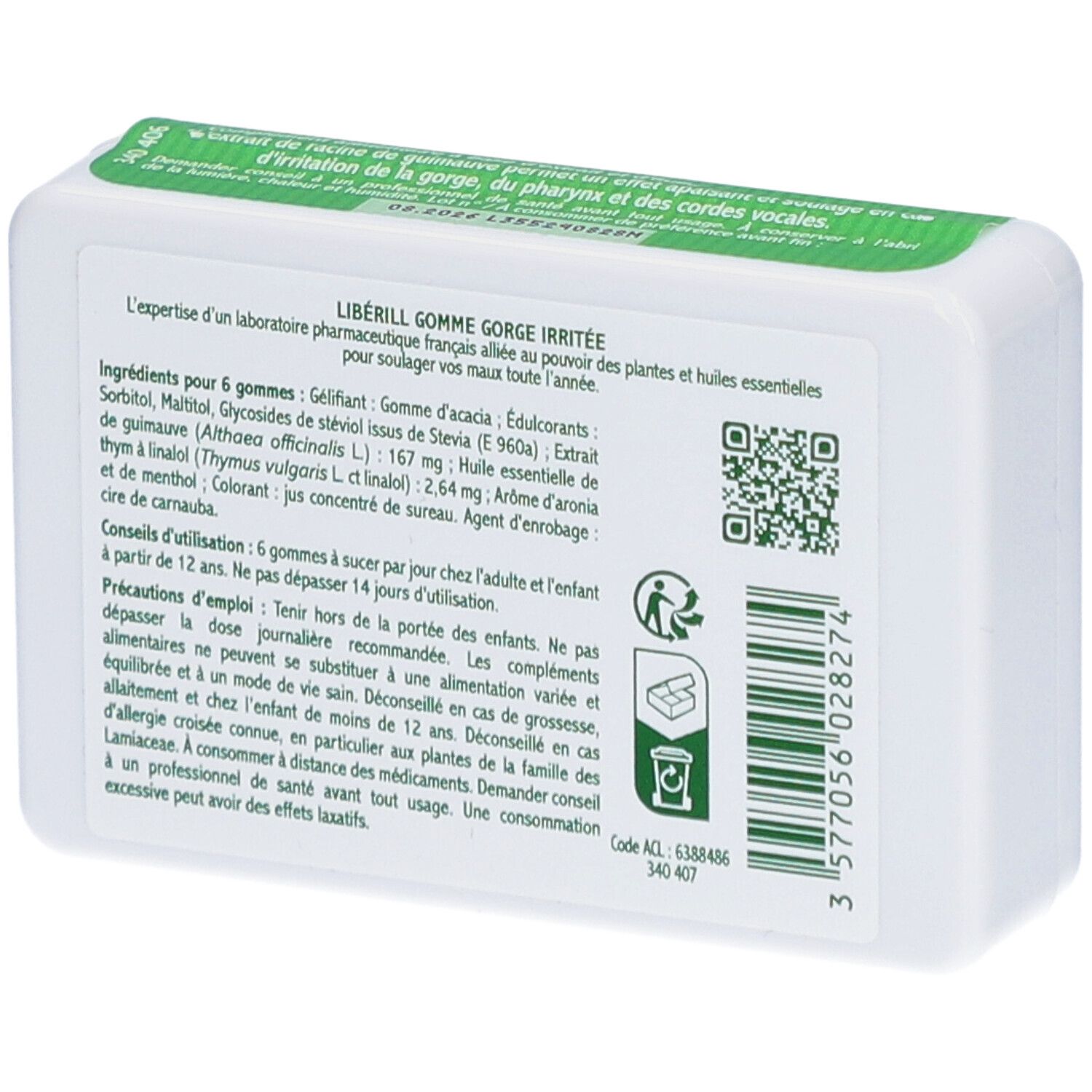 Dos de la boîte avec informations et code QR. Inscription: LIBERILL GOMME GORGE IRRITÉE. Texte en français.