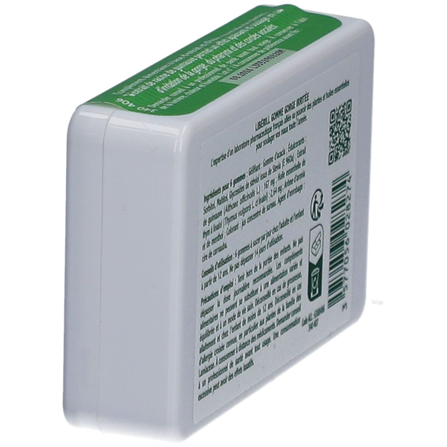 Boîte avec informations et code QR. Inscription: LIBERILL GOMME GORGE IRRITÉE. Texte en français. Emballage blanc.