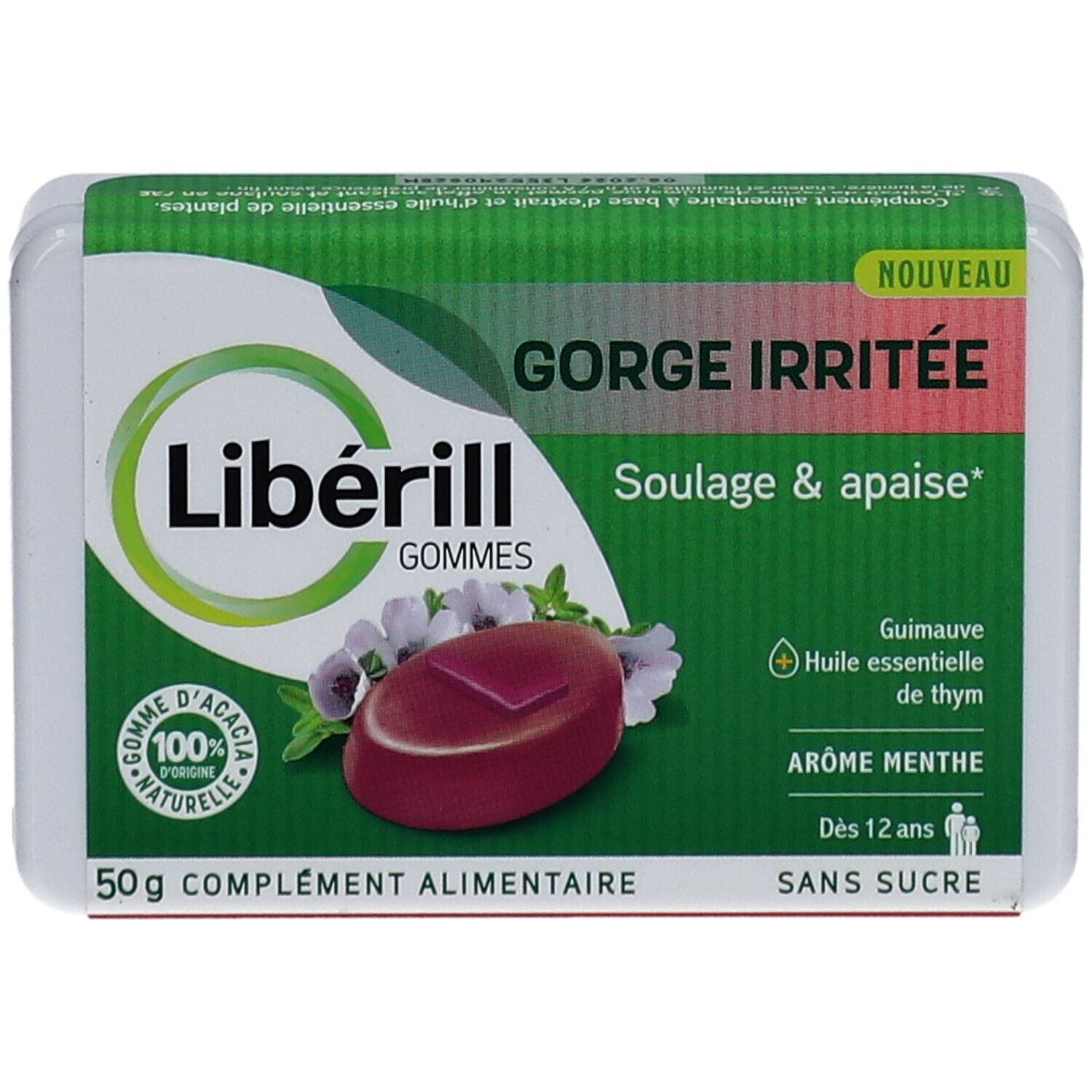 Boîte blanche avec inscriptions vertes et rouges. Contient des pastilles. Inscriptions: LIBERILL, GORGE IRRITÉE, arômes, sans sucre.