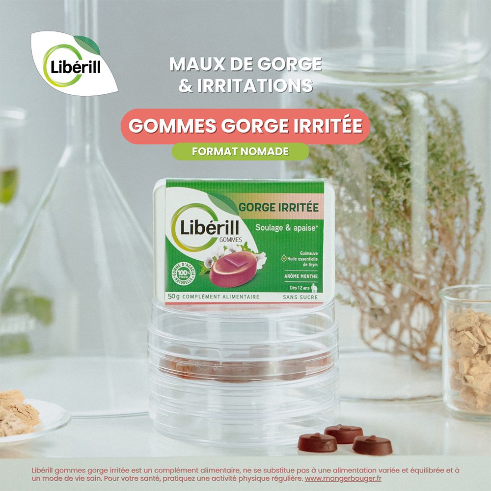 Gommes LIBERILL pour la gorge irritée, FORMAT NOMADE. Complément alimentaire, sans sucre. Dans un environnement de laboratoire.