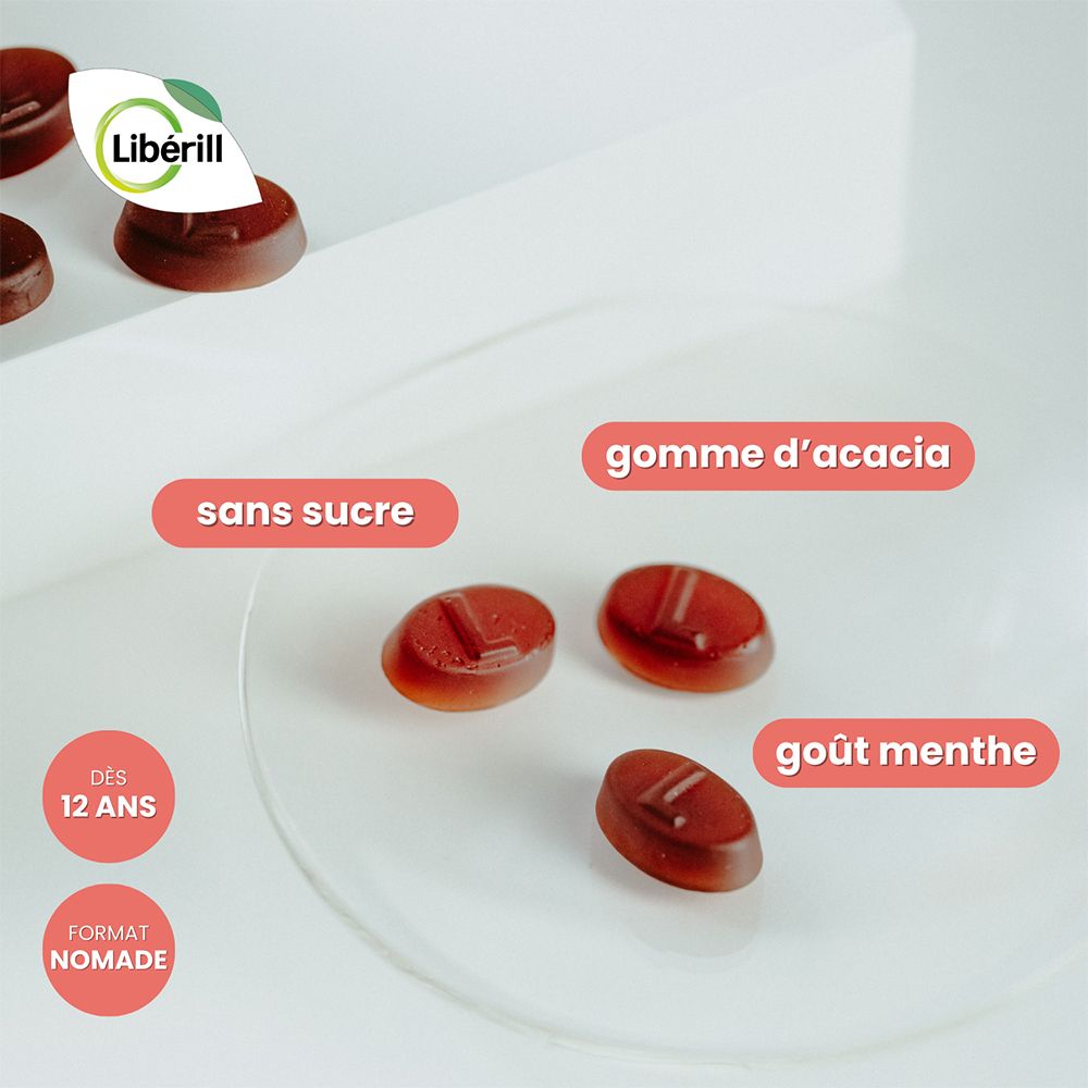 Trois gommes. Inscriptions : sans sucre, goût menthe, dès 12 ans, format nomade, gomme d'acacia.