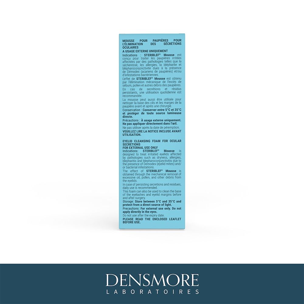 Dos de l'emballage. Texte en plusieurs langues. Marque : Densmore. Nom du produit : STERIBLEF Mousse.