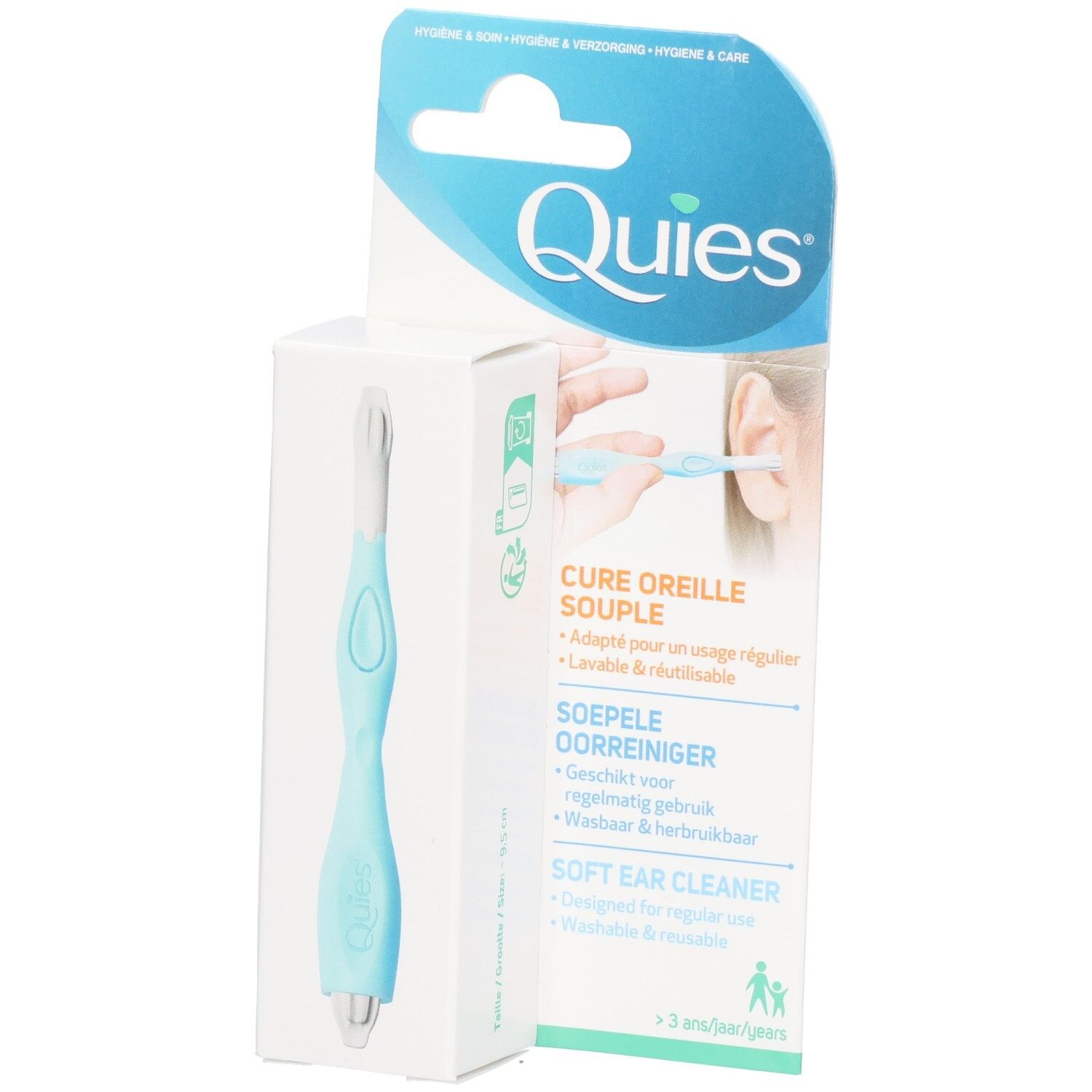 Nettoyeur d'oreilles Quies : Outil bleu clair, souple pour le nettoyage des oreilles, avec manche et embout.