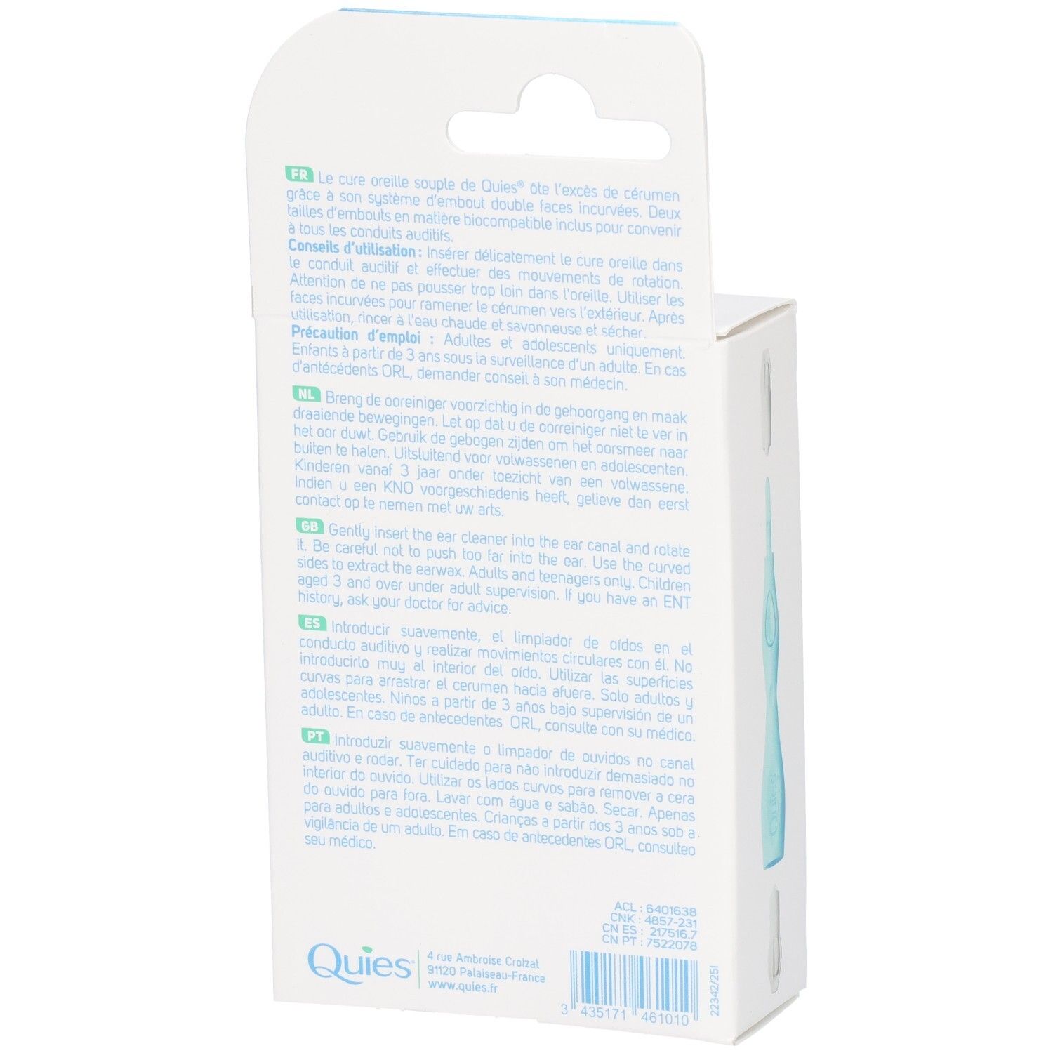 Nettoyeur d'oreilles Quies : Arrière de l'emballage avec instructions d'utilisation multilingues.
