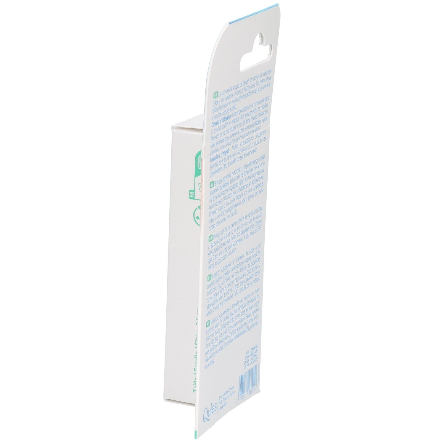 Nettoyeur d'oreilles Quies : Vue latérale de l'emballage avec informations produit et code-barres.