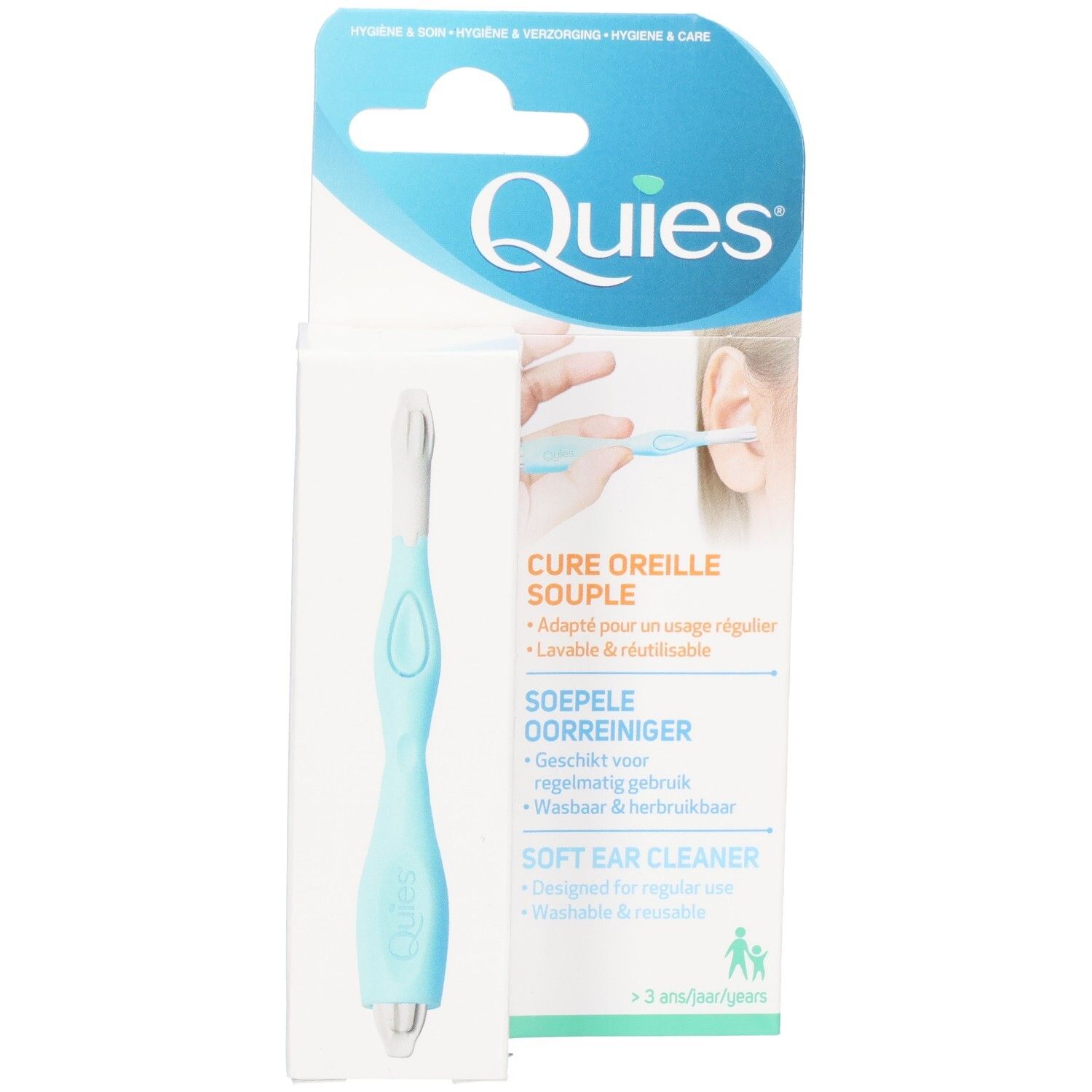 Nettoyeur d'oreilles Quies : Outil bleu clair, souple pour le nettoyage des oreilles, avec manche et embout, emballé.