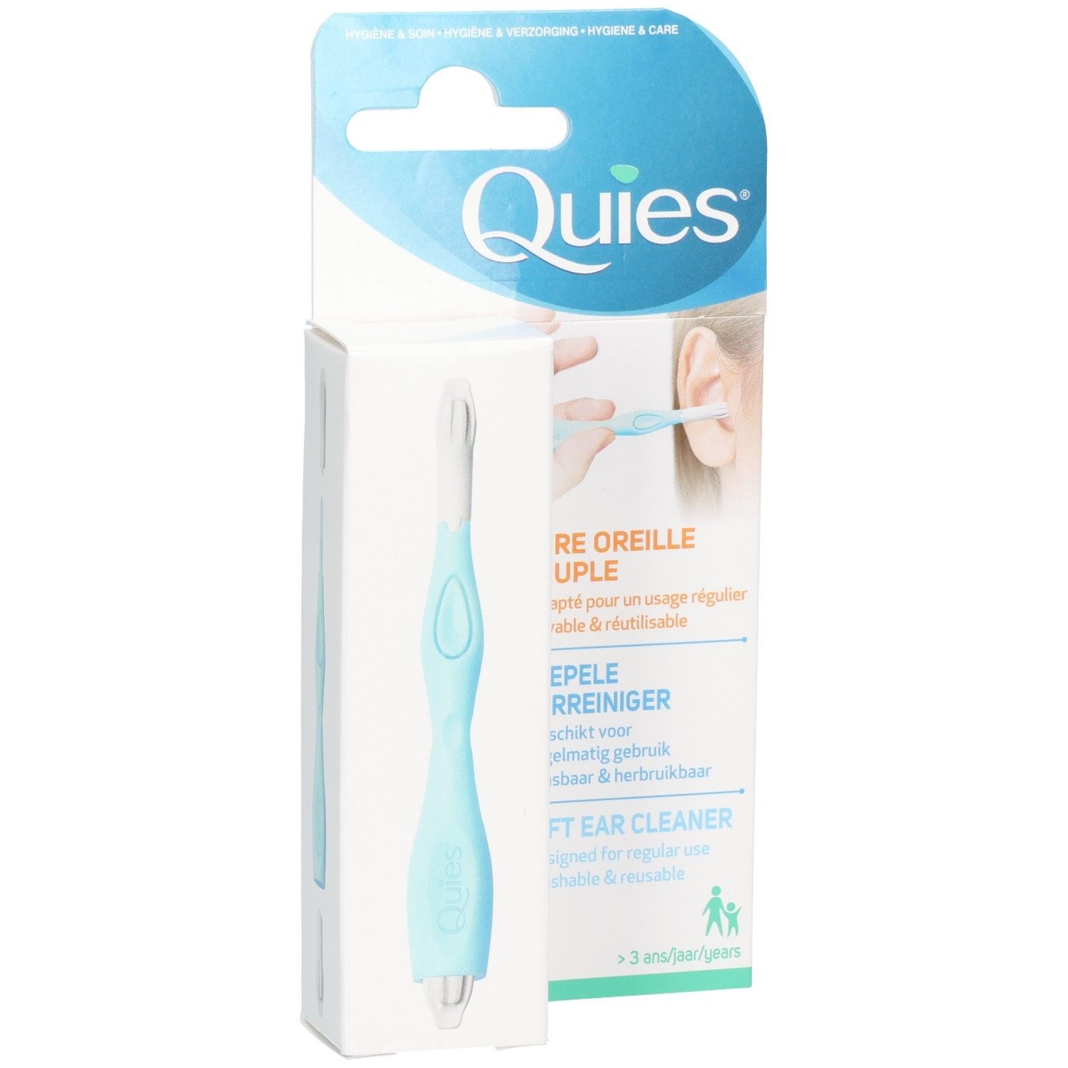 Nettoyeur d'oreilles Quies : Outil bleu clair, souple pour le nettoyage des oreilles, avec manche et embout, emballé.