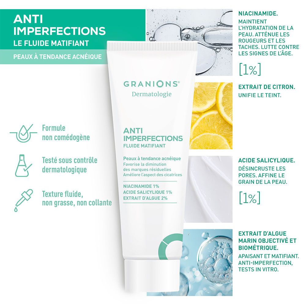 Granions Dermatologie Anti-Imperfections Fluide Matifiant. Produit avec ingrédients et caractéristiques.