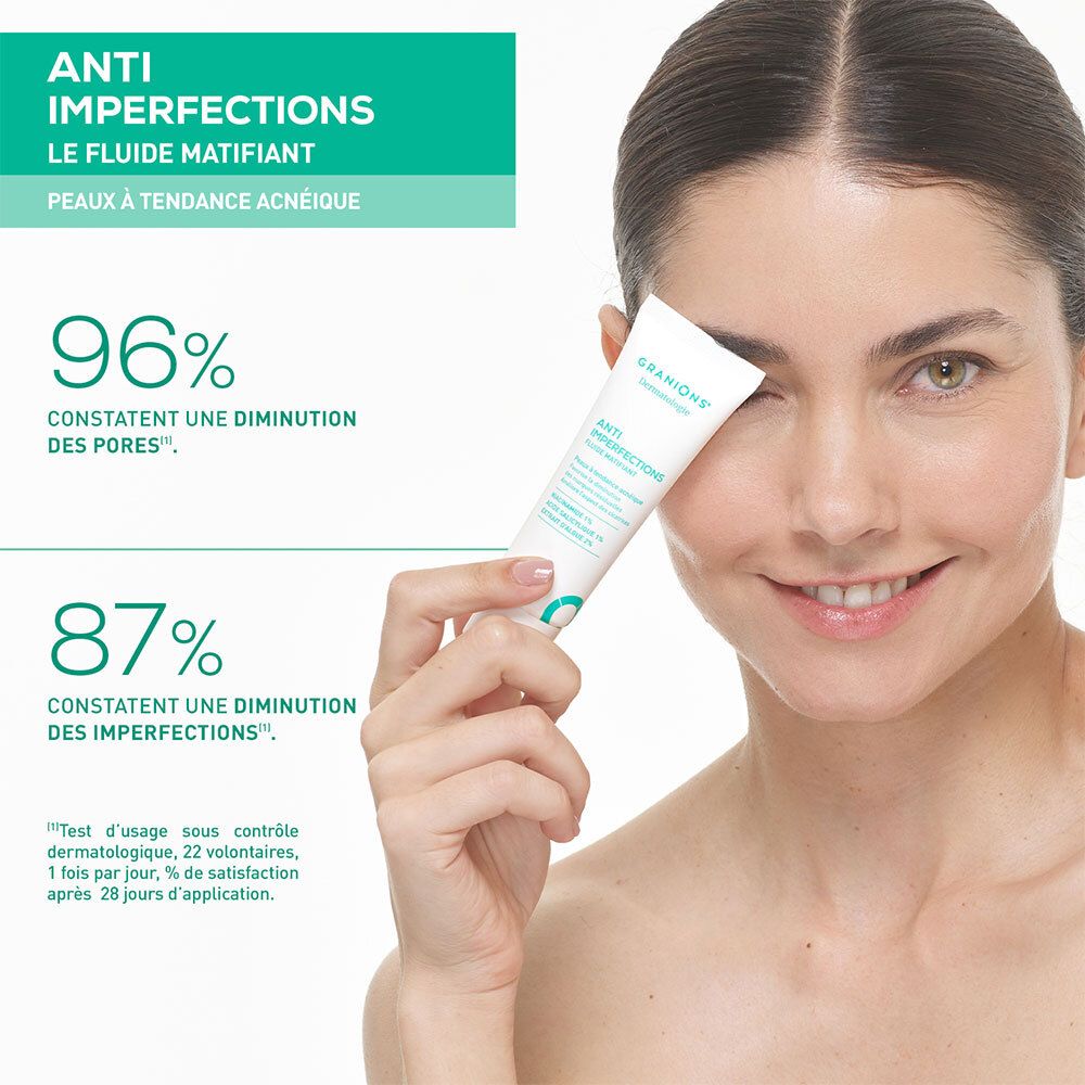 Femme avec le produit. Granions Dermatologie Anti-Imperfections Fluide Matifiant. Résultats et pourcentages.