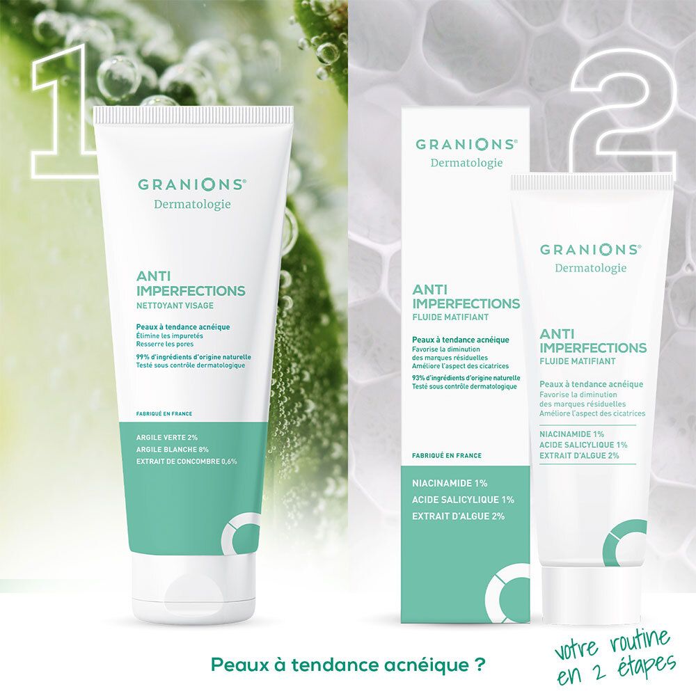 Granions Dermatologie Anti-Imperfections. Nettoyant visage et Fluide Matifiant. Comparaison de produits.