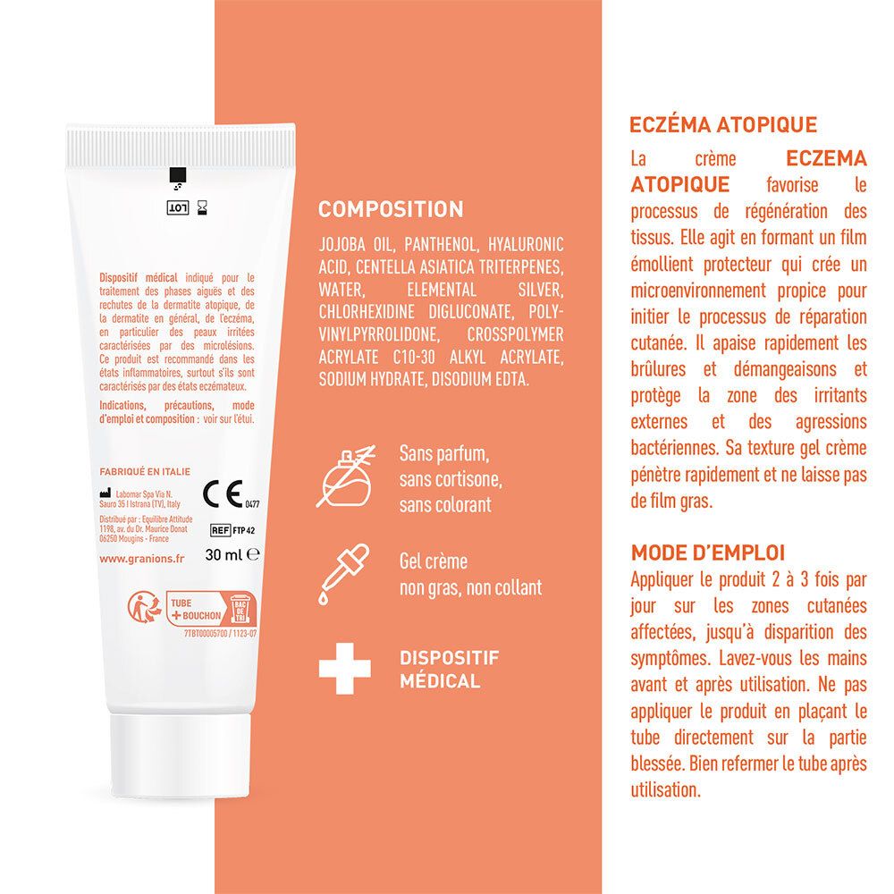 Dos du tube de crème. Ingrédients, mode d'emploi, informations fabricant. 30 ml. Dispositif médical.