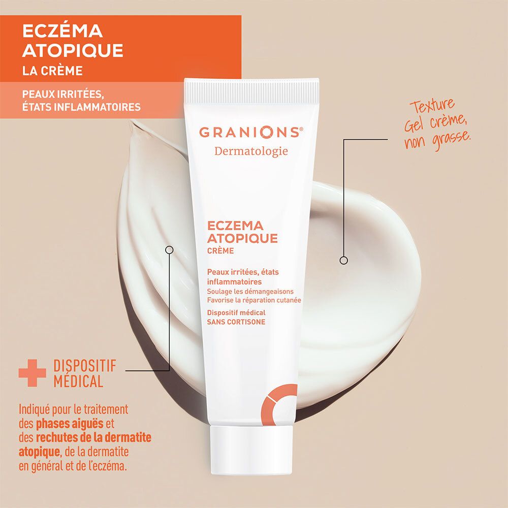 Tube de crème et goutte de crème. Inscription : Granions Dermatologie, Eczema Atopique. Dispositif médical, sans cortisone.