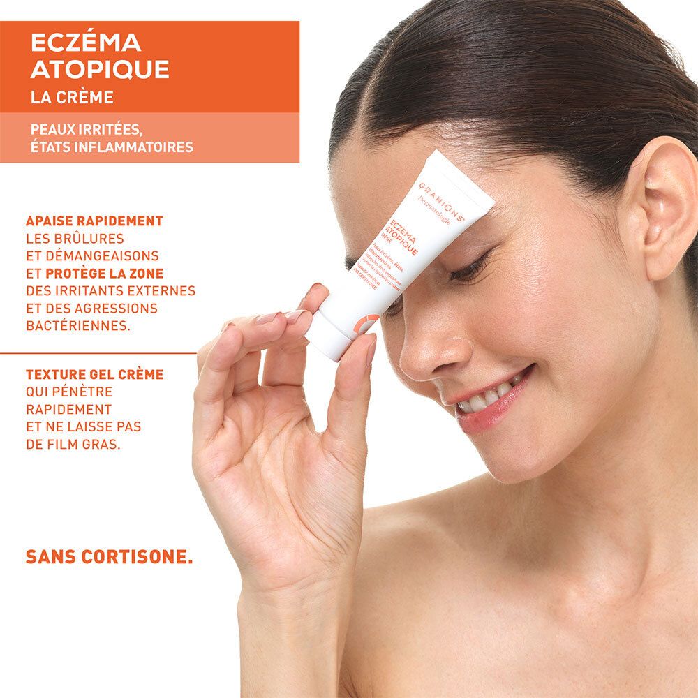 Femme tient tube de crème. Inscription : Granions Dermatologie, Eczema Atopique. Sans cortisone. Texture gel crème.