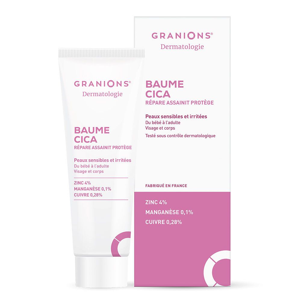 Tube et emballage de crème. Inscription : Baume Cica, Dermatologie. Contient du zinc, du manganèse et du cuivre. Pour peaux sensibles.