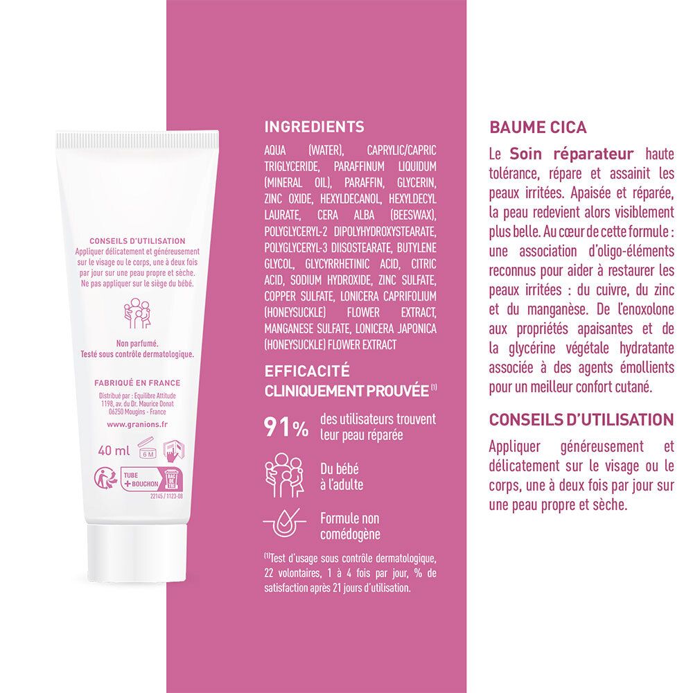 Dos du tube de crème. Contient les ingrédients et les conseils d'utilisation. 40 ml. Non parfumé. Testé dermatologiquement.