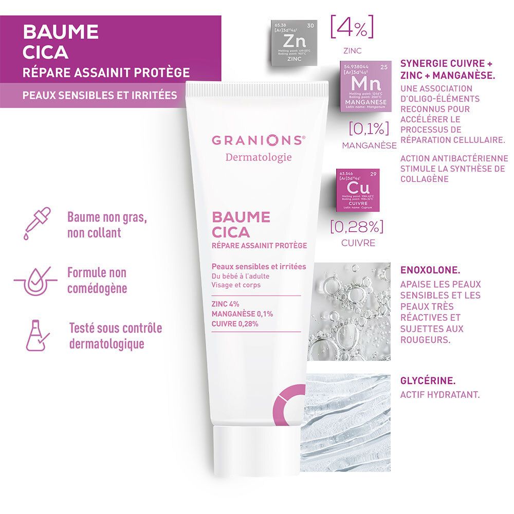 Tube de crème avec schémas des ingrédients. Contient du zinc, du manganèse et du cuivre. Non gras, non collant. Non comédogène.